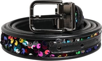 Dolce & Gabbana Mens Sequined Leather Belt - Black - Size 95 cm