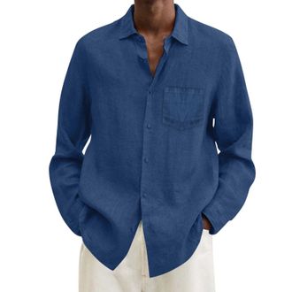 Generic Simple Cotton Linen Shirts Long Sleeve Men - Formal Shirts Durable Daily Work Shirts Loose Casual Outdoor Sports Shirts Button Up Shirt with Chest Poc