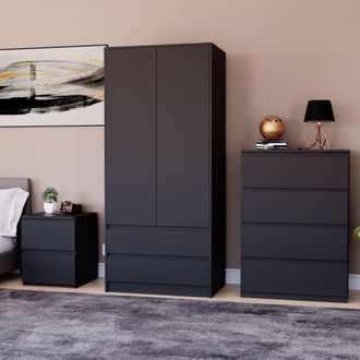 Home Discount Vida Designs Denver Bedroom Set (2 Dr Bedside, 4 Dr Chest, Wardrobe) in Black