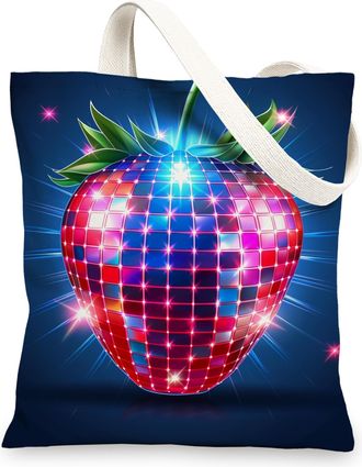 Generic Strawberry Canvas Tote Bags, Colorful Disco Fruit Design Reusable Shopping Bags, Lightweight Washable Shoulder Strap Tote f, Red, 13x15 Inch