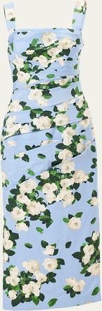 Carolina Herrera Draped Floral Cotton Sleeveless Midi Dress