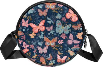 Generic Circle Crossbody Bag for Women, Butterflies Floral Leaves Small Sling Bag Daypack with Zipper Adjustable Shoulder Straps Casual Ladies Girls Round Pur