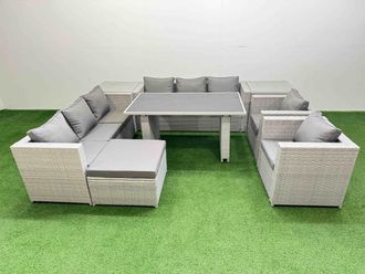 Fimous 9 Seater Outdoor Dining Table 3 Seater Sofa Set 2 Side Table Stool in Light Grey