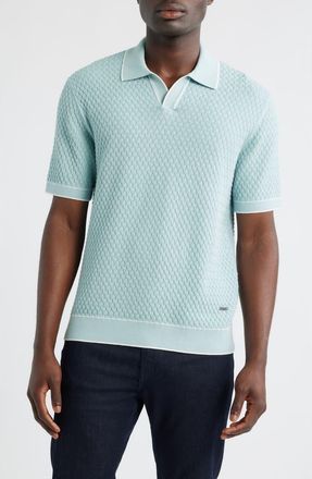 Bugatchi Johnny Collar Basket Stitch Cotton Blend Polo Sweater in Seafoam at Nordstrom, Size Xx-Large