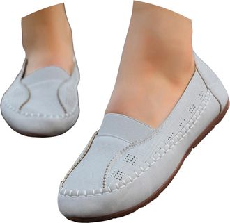 Generic Loafers for Women Leather Business Casual Shoes Comfortable Lightweight Loafer Slip-Ons Work Flat Driving Boat Shoe (Light Gray, 6.5)