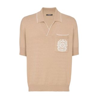 Balmain Embroidered V-Neck Polo Shirt Beige
