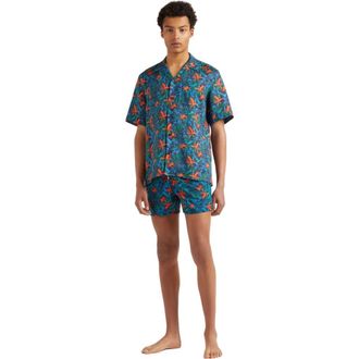 Vilebrequin Mens Tropical Flower Printed Linen Shirt in Bleu Marine at Nordstrom, Size X-Large