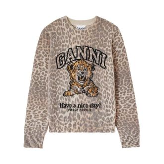 Ganni Leopard Print Jumper - female - Ganni - Round-neck Knitwear - Multicolor - XS - Knitwear