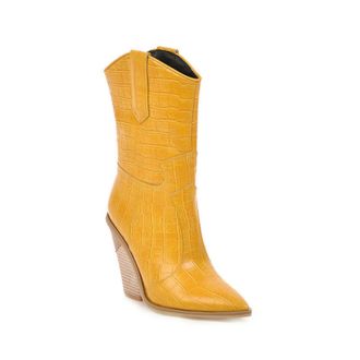 Generic Womens Mid-Calf Western Cowboy Boots Boots with Wedge Heel & Pointed Toe, Slip-on,Yellow,6.5 UK