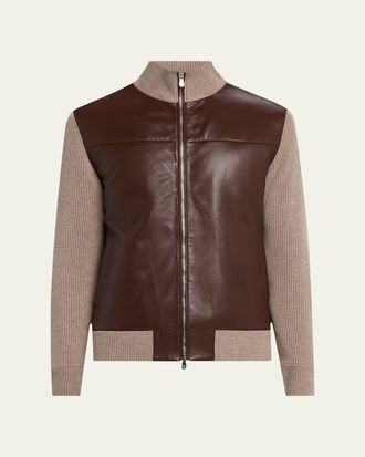 Brunello Cucinelli Mens Leather and Cashmere Knit Full-Zip Jacket