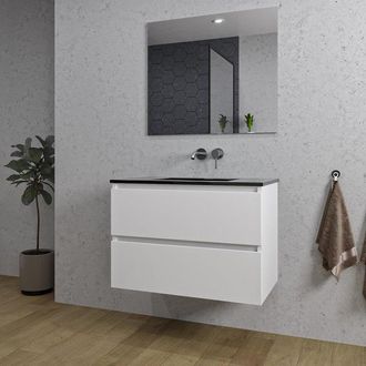 Saniclass Chaci Badkamermeubelset - 80x46x55cm - keramische wastafel zwart - 1 wasbak - zonder kraangat - 2 lades - rechthoekige spiegel - mat wit