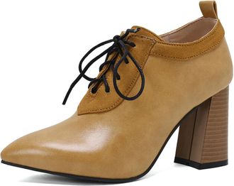 Generic Women Pointed Toe Pumps Mixed Fabric Lace Up Design Contrast Color Vamp Back Tab Chunky Block Heel Non Slip Durable Comfortable Office Party Shoes,Yel