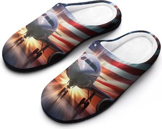 Generic USA Flag Airplane Aircraft Womens Slippers Warm House Slippers Indoor House Shoes with Anti-Skid Rubber Sole