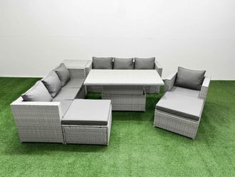 Fimous 7 PCs Rising Dining Table Set Rattan Furniture Set with 3 Seater Sofa in Light Grey