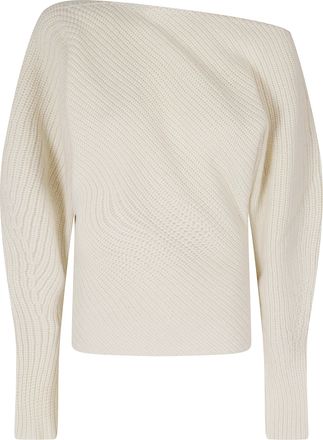 Alberta Ferretti White Oblique Crew Neck Dropped Shoulders Wool-Blend Sweater