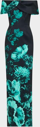 Teri Jon Off-Shoulder Stretch Mikado Column Gown