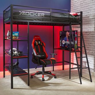 X Rocker Fortress High Sleeper Bunk Bed with 3 Shelves & Desk in Black | Size: Single