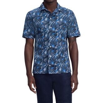 Bugatchi Mens Shaped Fit Print Stretch Cotton Short Sleeve Button-Up Shirt in Midnight at Nordstrom, Size Medium