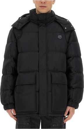 Maison Kitsun&eacute; Hooded Puffer in Nylon with Tonal Fox Head Patch - Heren - Winterjassen - Zwart - XL - Nylon - Jassen