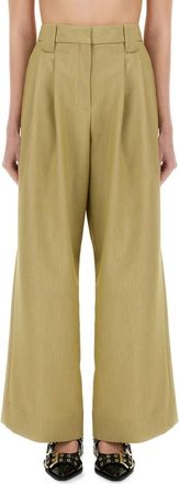 Ganni Twill Suiting Mid Waist Pants - Dames - Wijde Broeken - Beige - S - Wol - Broeken