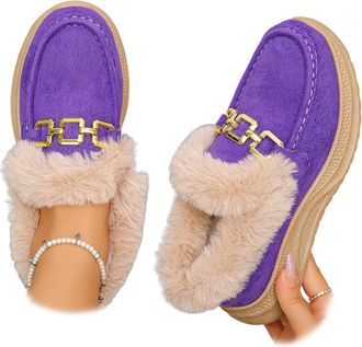 Generic Warm Plush-lined Loafers with Buckle,Low Top Round Toe Fur Lined Moccasins Women with Metal Buckle,Winter fur lined Snow Boots (Purple,8.5)