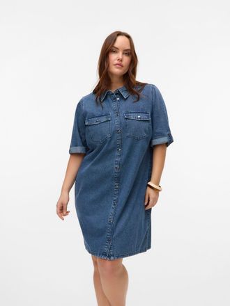 Vero Moda Curve Jeanskleid VERO MODA CURVE VMCJENNIE SS SHORT DENIM DRESS GA CUR, Damen, Gr. 48, N-Gr, medium blau denim, Denim/Jeans, Obermaterial: 90% Baumwolle, 10
