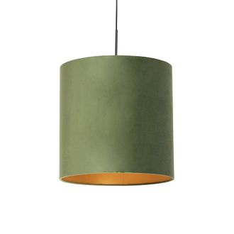 QAZQA R&uacute;stico L&aacute;mpara Colgante Con Pantalla De Terciopelo Verde Con Dorado - Combi Textil /acero Cil&iacute;ndra /alargada /redonda Adecuado Para Led Max. 1 X 60 W