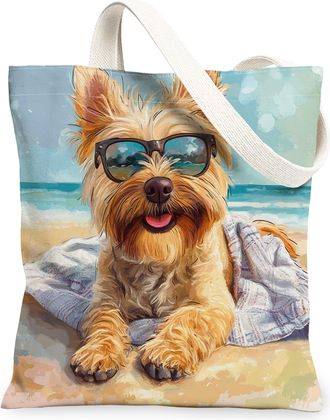 Generic Summer Labrador Retriever Dog Canvas Tote Bag for Shopping 13x15, Watercolor Beach Coastal Puppy Reusable Grocery Print Bag for Women, Beachy Pet Beac
