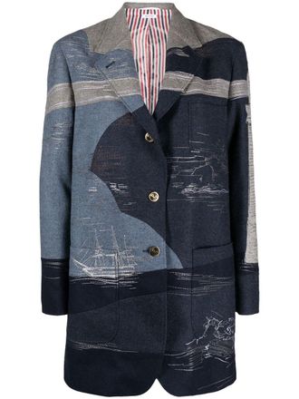 Thom Browne motif-embroidered colour-block blazer - women - Polyester/Cupro/Virgin Wool - 36 - Blue