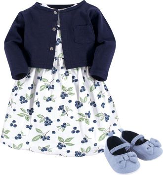 Hudson Baby Cotton Dress, Cardigan and Shoe Set in Blueberries at Nordstrom, Size 9-12M