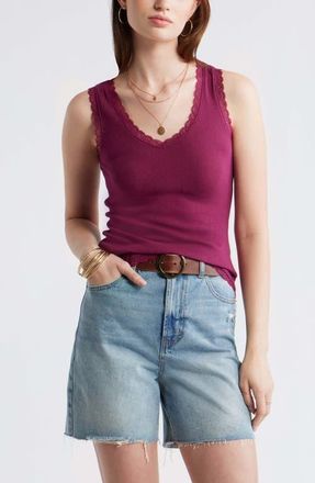 Treasure & Bond Pointelle Lace Trim Cotton Blend V-Neck Tank in Purple Potion at Nordstrom, Size Xx-Large