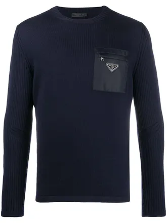 Prada patch pocket jumper - men - Virgin Wool/Recycled Polyamide - 48 - Blue