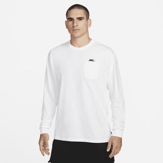 Nike Mens Nike Sportswear Premium Essentials Long-Sleeve Pocket T-Shirt in White | DR7929-100