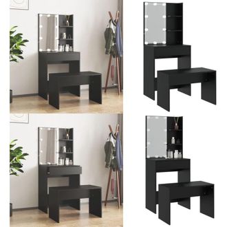 vidaXL Set Tavolo da Toeletta con LED Nero in Legno Multistrato - Set da toeletta con LED - Tavolo da trucco con sgabello
