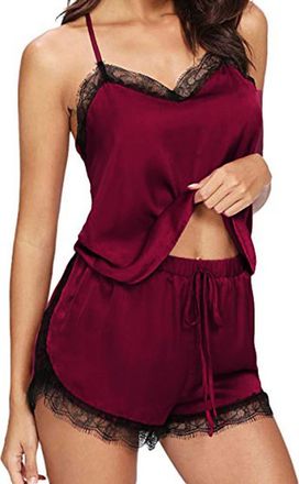 Generic Summer Pajamas For Women Uk Sexy Nightwear Plus Size Lingerie Set Soild Color Soft V-Neck Lace Satin Camisole Tops and Shorts 2 Piece Sleepwear Sets B