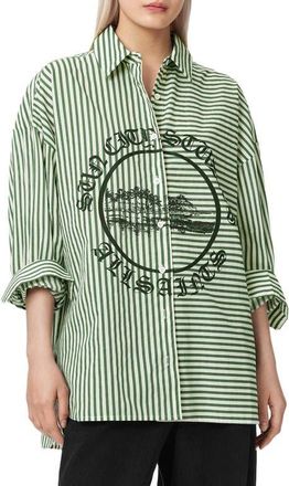 AllSaints Adrianne Stripe Graphic Print Ramie Button-Up Shirt in Apple Green/white at Nordstrom, Size 10