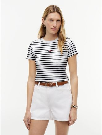 Tommy Hilfiger Womens Mini Flag Logo Striped Favorite T-Shirt - White - XXL
