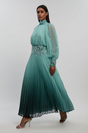 Karen Millen Womens Ombre Crinkle Georgette Embellished Pleat Detail Midi Dress - Green - Size 12 UK