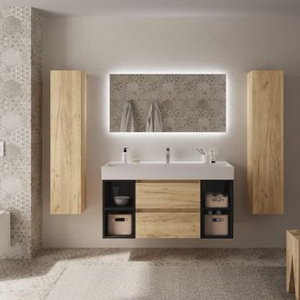 Cygnus Bath Mueble Ba&ntilde;o Bequia 120 Cm Roble Y 2 Coquetas Laterales Negro Con Lavabo
