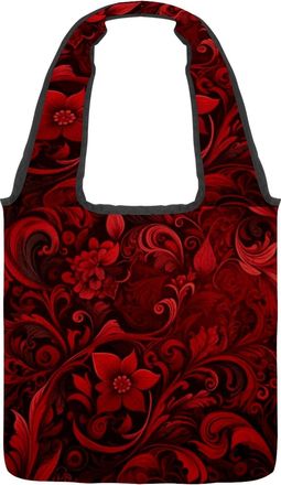 Generic Deep Red Flowers Reversible Canvas Shoulder Tote - Double-Sided Print, 12oz Cotton, 27cm Drop, Fold-Flat Bag for Travel, Shopping, Street Outings