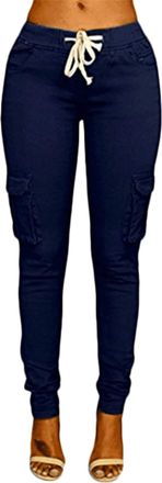 Generic JIER Ladies Cargo Combat Stretch Casual Trousers Womens Slim Fit Sport Jogger Drawstring Jogger Pants with Pockets (Navy Blue,S)