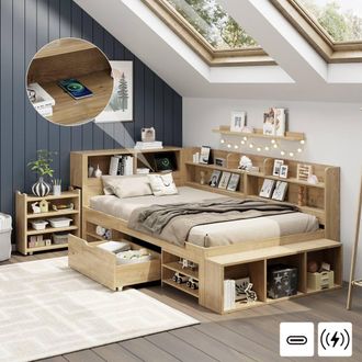 Matteo Childrens Single Bed with Drawers, Bookcase & Storage - Natural