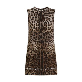 Dolce & Gabbana Vestido Mini de Leopardo con Adornos de Cristal - Dresses - Mujer - Marr&oacute;n - L