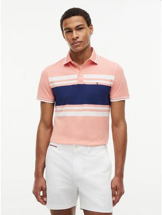 Tommy Hilfiger Mens Slim Fit Block Stripe Stretch Pique Polo - Pink - XXXL