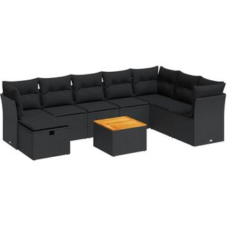 vidaXL Set De Sof&aacute;s De Jard&iacute;n Con Cojines 9 Pzas Rat&aacute;n Sint&eacute;tico Negro