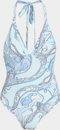 Pucci Plunging Orchidee-Print Halter One-Piece Swimsuit