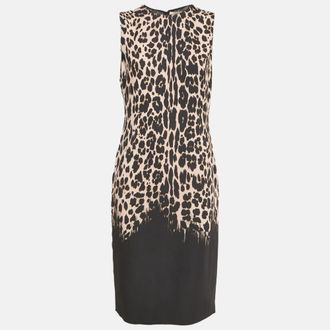 Roberto Cavalli Black Leopard Print Crepe Sleeveless Midi Dress