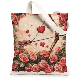 Generic Valentines Day Floral Canvas Tote Bags, Romantic Roses Design Reusable Grocery Bags, Lightweight Washable Shoulder Strap Canvas for Shopping Travel Pi