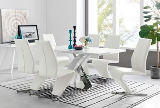 Furniturebox Atlanta Modern Rectangle Chrome Metal High Gloss White Dining Table & 6 Willow Chairs Set in Off-White