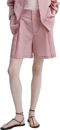 Mango Pleated Pinstripe Straight Fit Bermuda Shorts in Pastel Pink at Nordstrom, Size 4